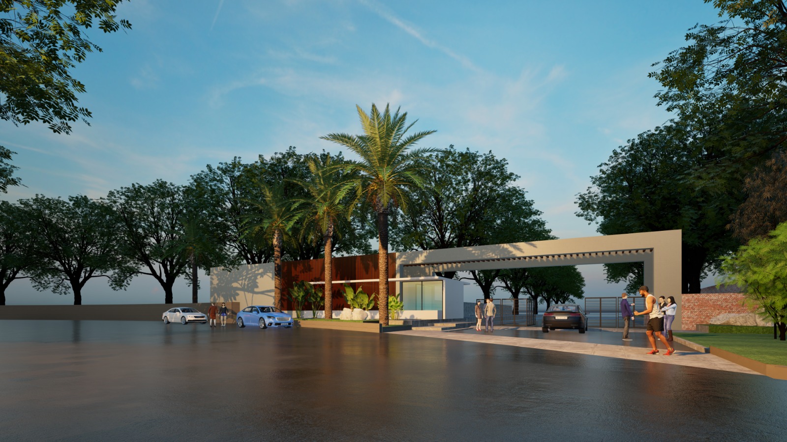 Entrance gate and clubhouse at dusk