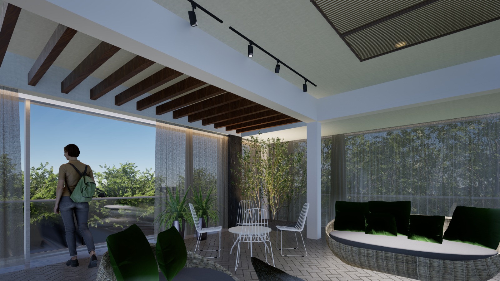 Rooftop terrace lounge with sheer curtains
