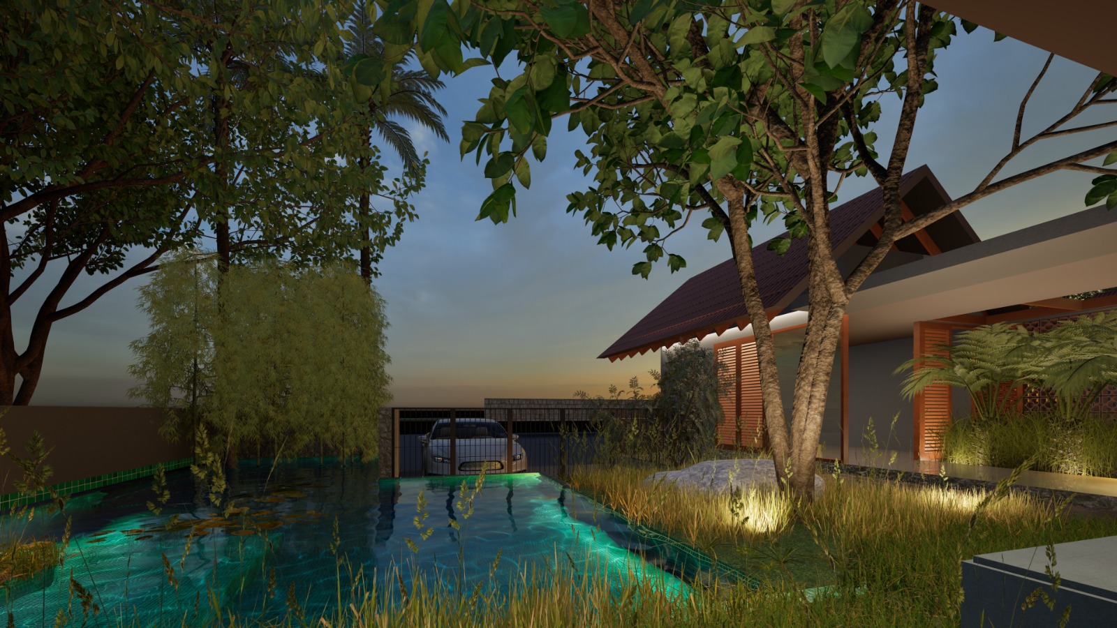 Residence carport and reflecting pool at dusk